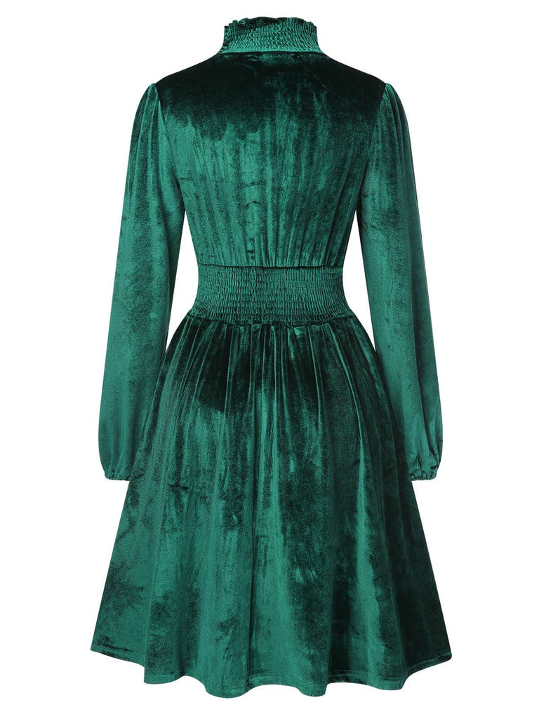 1940s Solid Stand Collar Velvet Dress