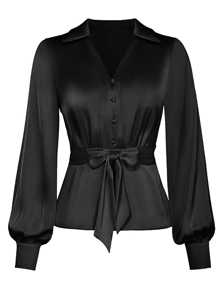 1930s Tie Front Lapel Long Sleeve Blouse