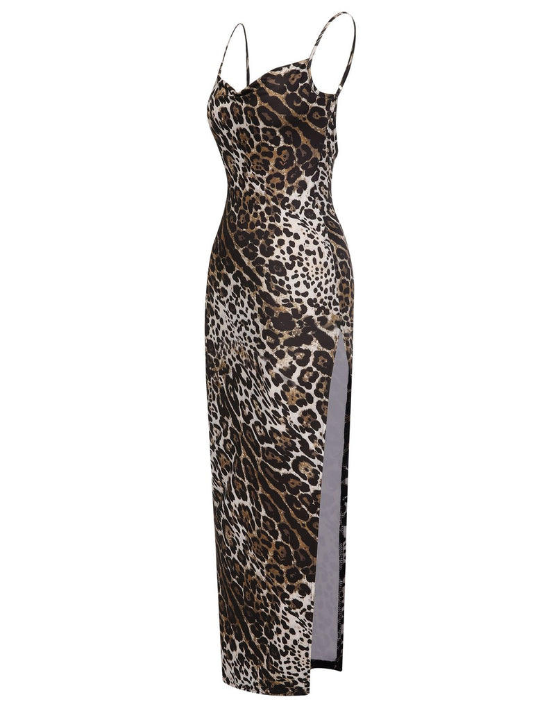 Brown 1960s Leopard Spaghetti Straps Backless Dress