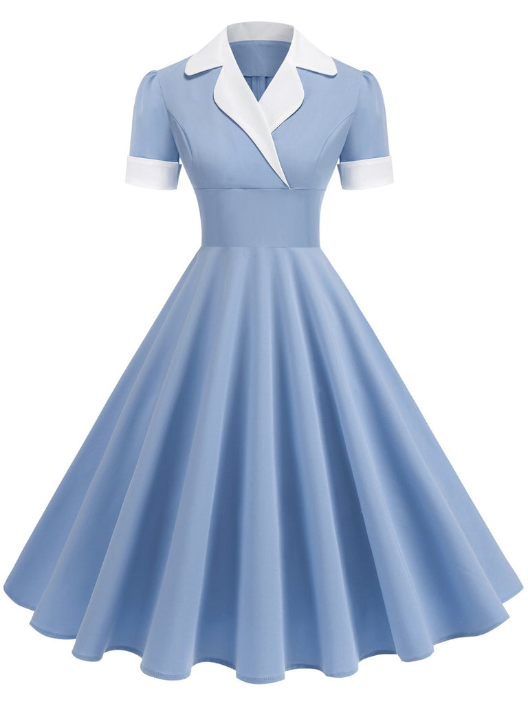 1950s Notched Collar Colorblock Swing Dress