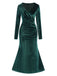 Dark Green 1930s Velvet Solid V-Neck Dress