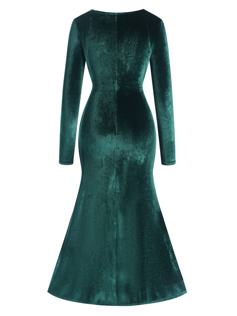 Dark Green 1930s Velvet Solid V-Neck Dress