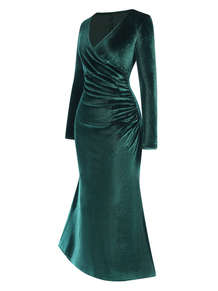 Dark Green 1930s Velvet Solid V-Neck Dress