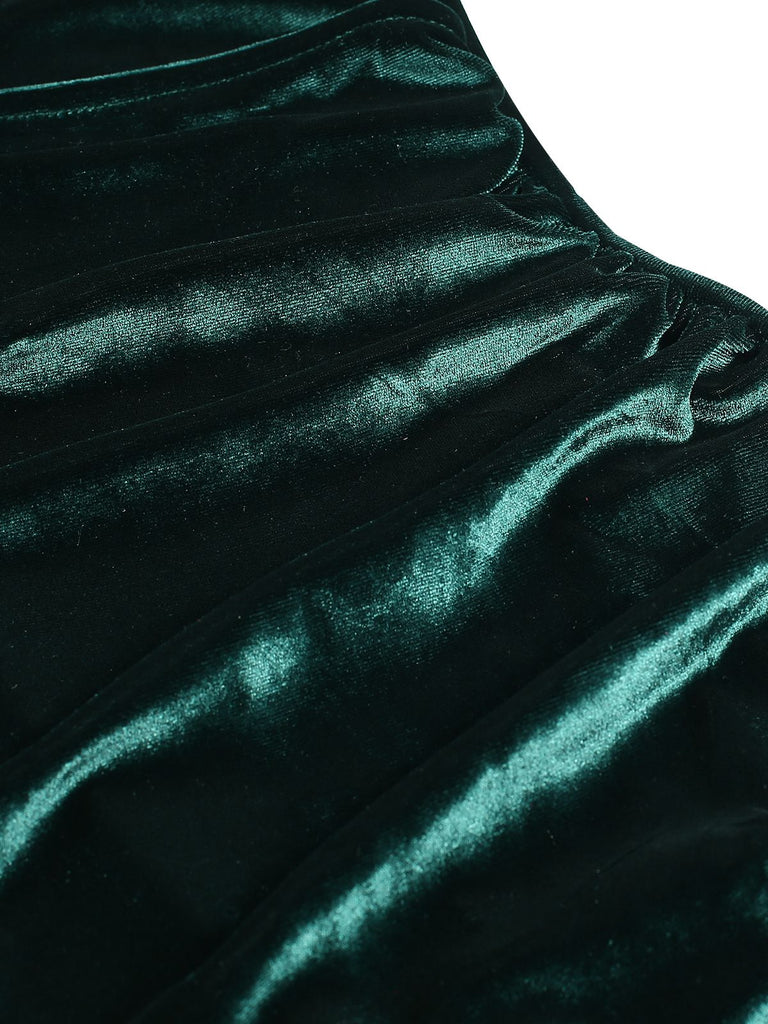 Dark Green 1930s Velvet Solid V-Neck Dress