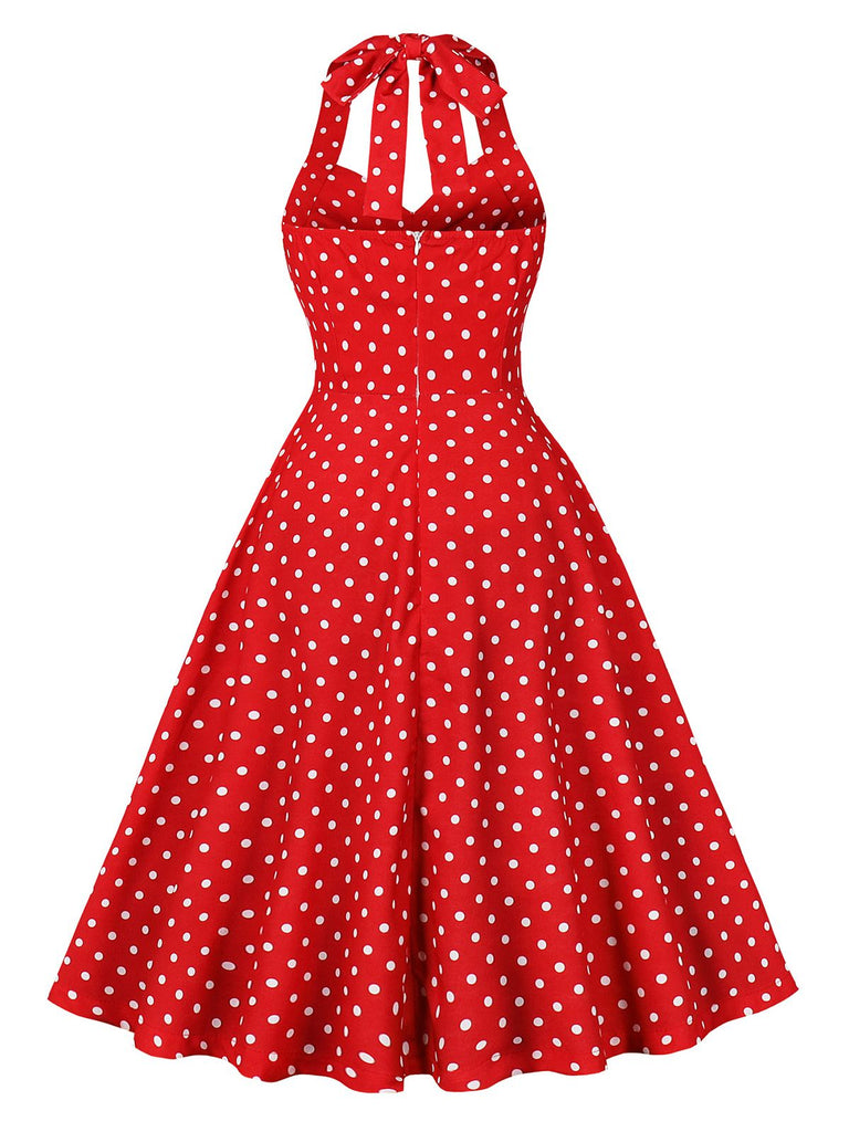 Red 1950s Halter Polka Dots Swing Dress