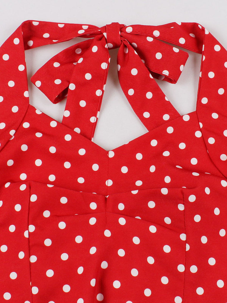 Red 1950s Halter Polka Dots Swing Dress