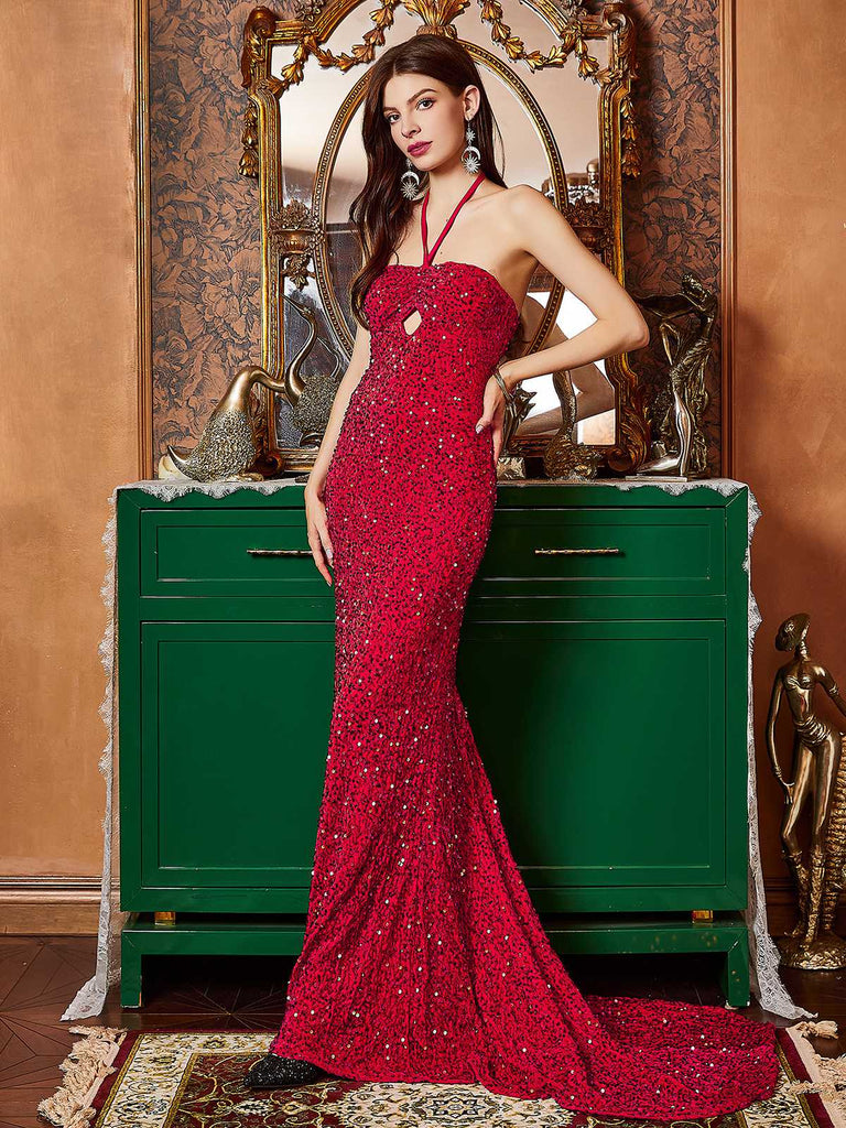 Red 1920s Halter Sequined Side Slit Maxi Dress