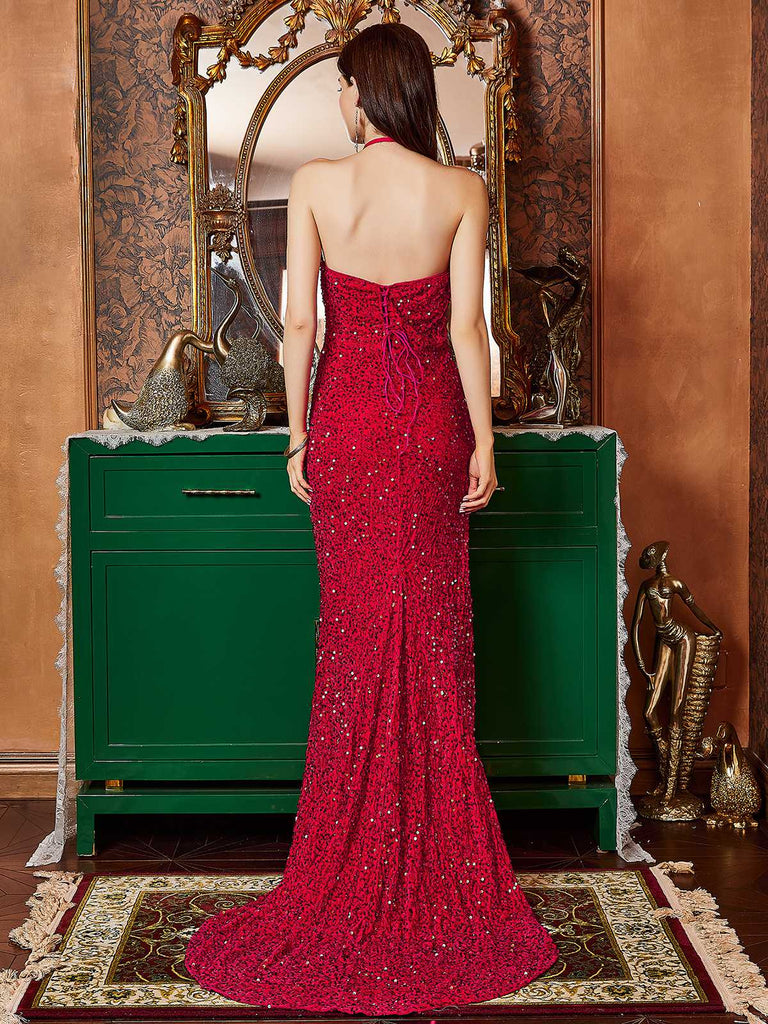 Red 1920s Halter Sequined Side Slit Maxi Dress