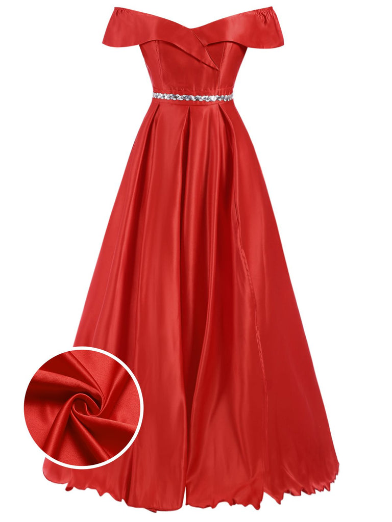 Red 1950s Off-Shoulder Maxi Evening Dress