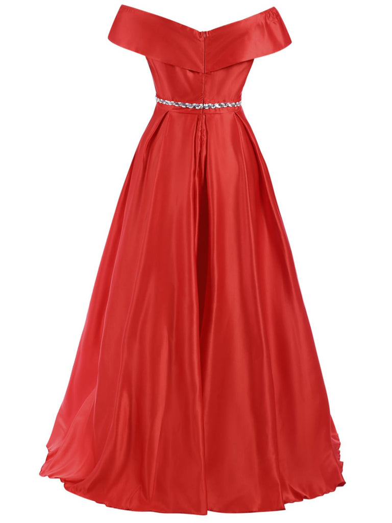 Red 1950s Off-Shoulder Maxi Evening Dress