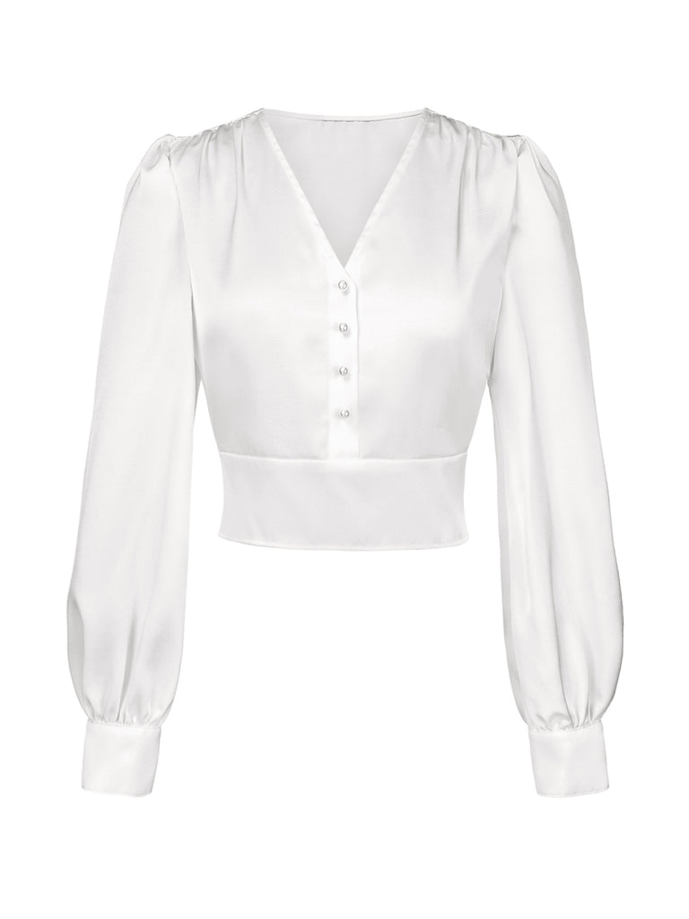 White 1940s Satin V-Neck Lantern Sleeves Blouse