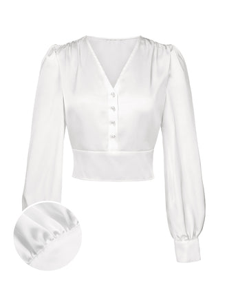 White 1940s Satin V-Neck Lantern Sleeves Blouse