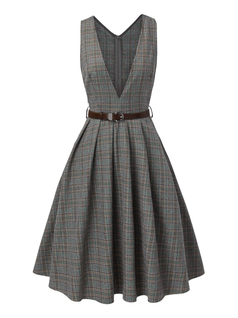 Grey 1940s Deep V-Neck Glen Plaid Dress