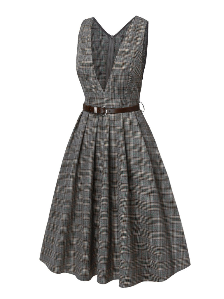 2PCS Grey 1940s V-Neck Plaid Dress & Satin Blouse