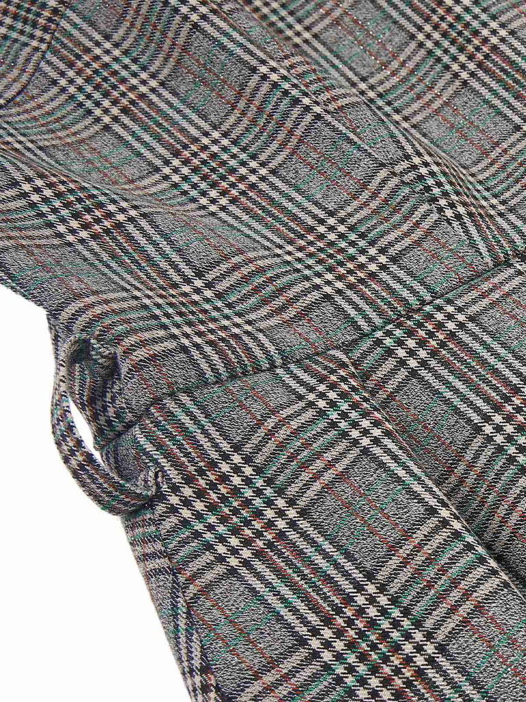 2PCS Grey 1940s V-Neck Plaid Dress & Satin Blouse