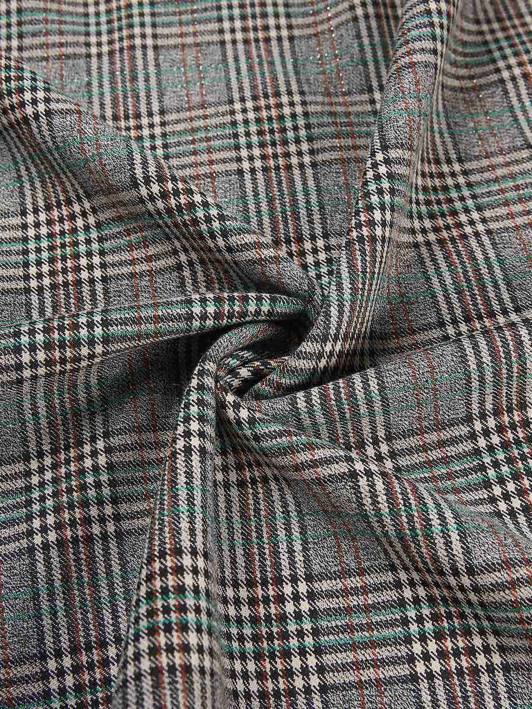 2PCS Grey 1940s V-Neck Plaid Dress & Satin Blouse