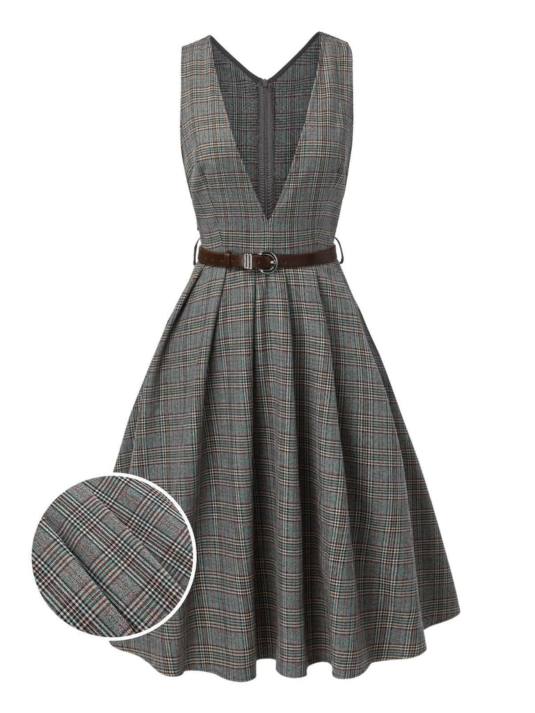 2PCS Grey 1940s V-Neck Plaid Dress & Satin Blouse