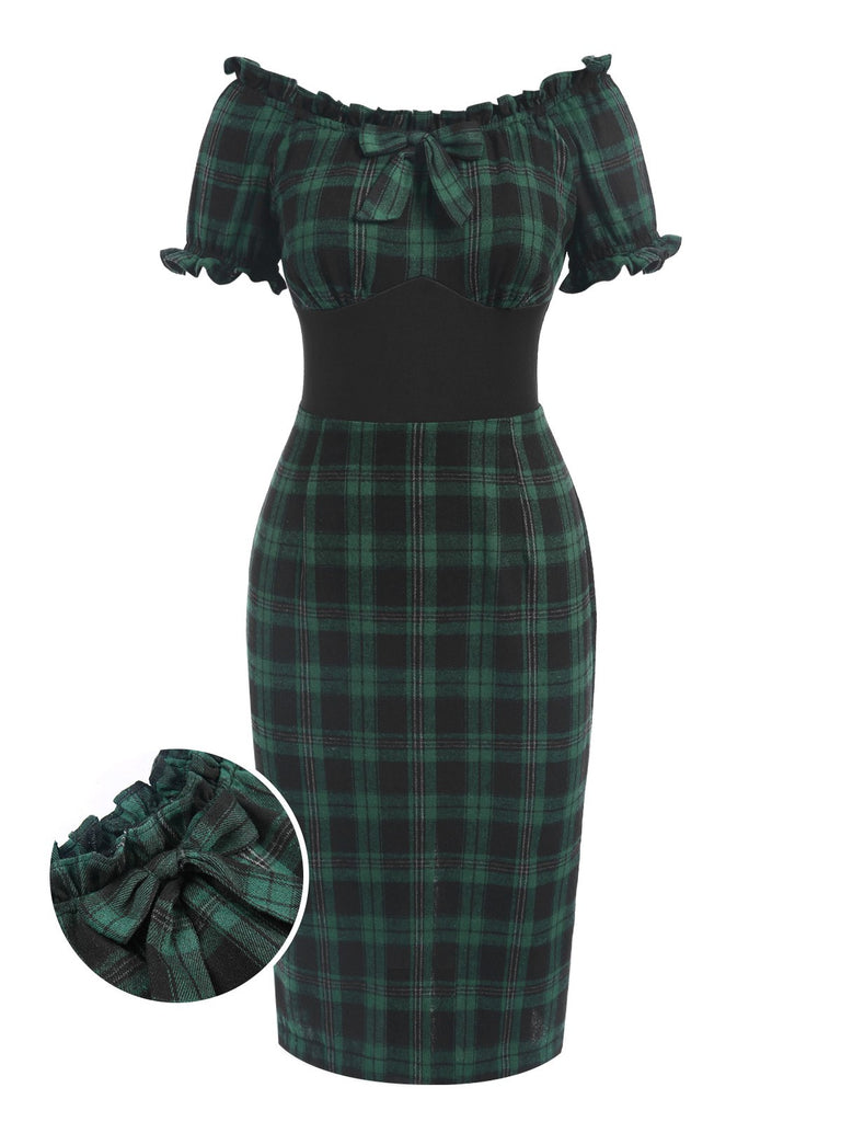 [Pre-Sale] Green 1960s Off Shoulder Bow Tartan Pencil Dress