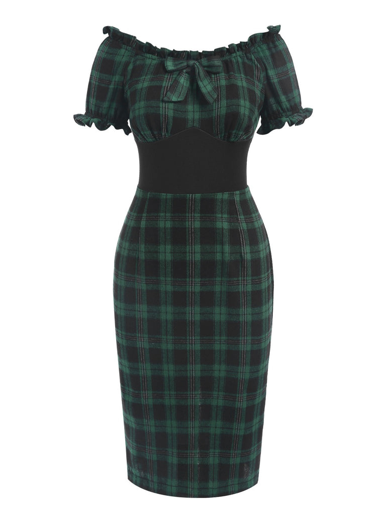 [Pre-Sale] Green 1960s Off Shoulder Bow Tartan Pencil Dress