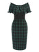 [Pre-Sale] Green 1960s Off Shoulder Bow Tartan Pencil Dress