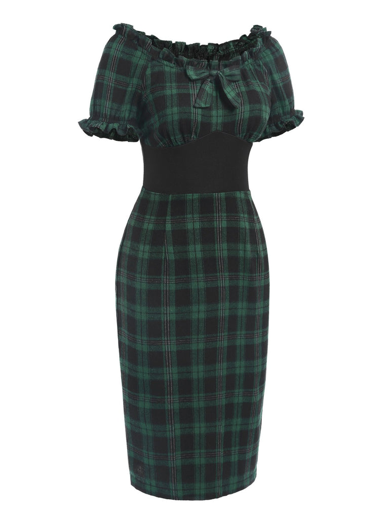 [Pre-Sale] Green 1960s Off Shoulder Bow Tartan Pencil Dress