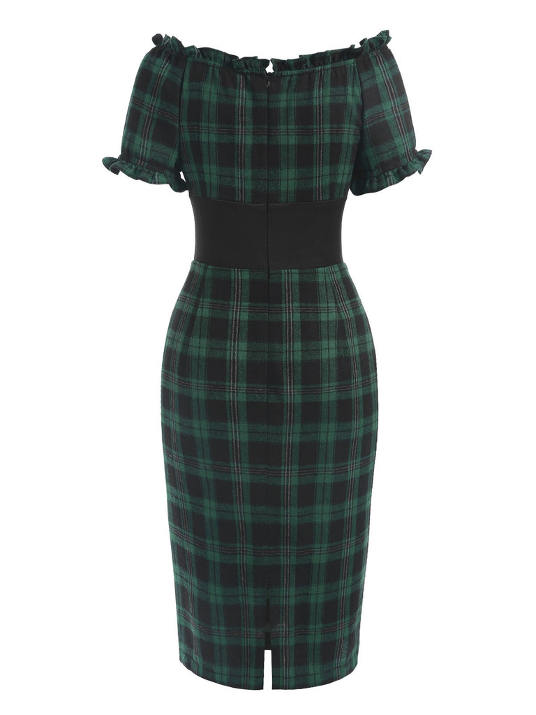 [Pre-Sale] Green 1960s Off Shoulder Bow Tartan Pencil Dress