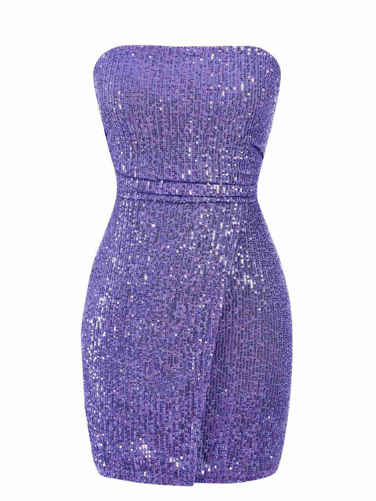 Purple 1970s Solid Sequined Skinny Dress