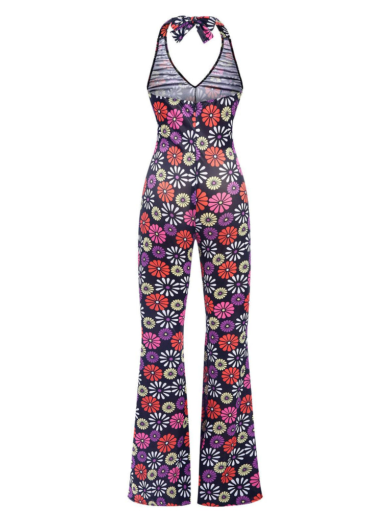 Multicolor 1970s Hippie Floral Halter Jumpsuit