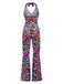 Multicolor 1970s Hippie Floral Halter Jumpsuit