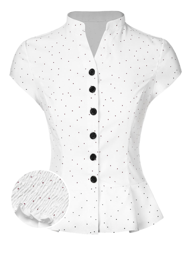 [Pre-Sale] White 1930s Dots Pleated Hem Smocked Blouse