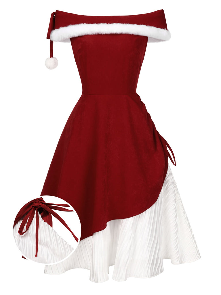 [Pre-Sale] Red 1950s Christmas Plush Off-Shoulder Dress