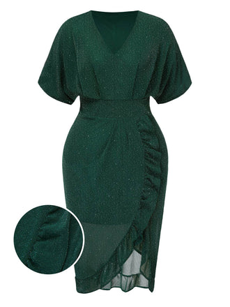 [Plus Size] Dark Green 1940s V-Neck Ruffles Solid Dress