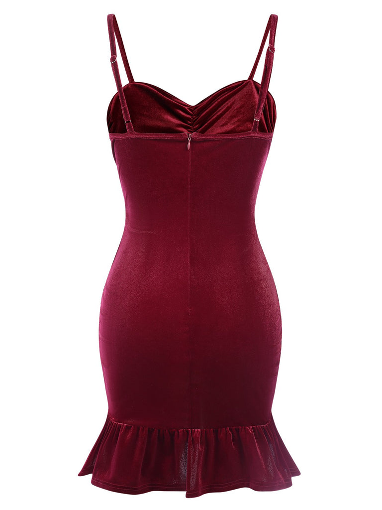 Wine Red 1930s Ruffled Hem Pleated Dress