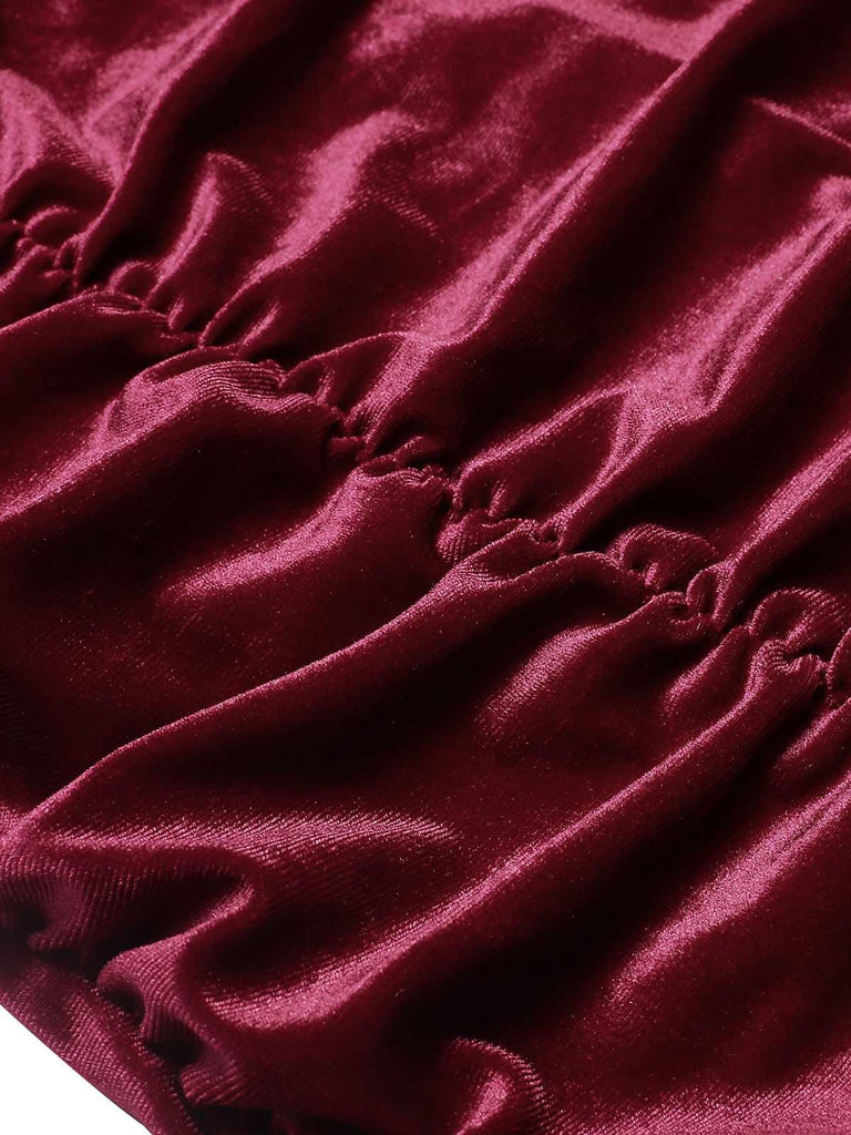 Wine Red 1930s Ruffled Hem Pleated Dress