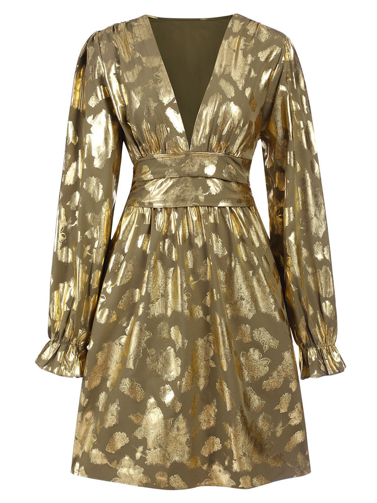 Metallic Gold 1960s Floral Deep V-Neck Cocktail Dress