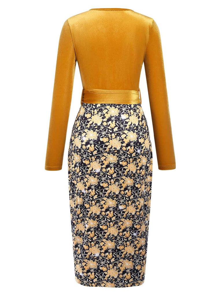 Gold 1960s Floral Patchwork Wrap Belted Dress