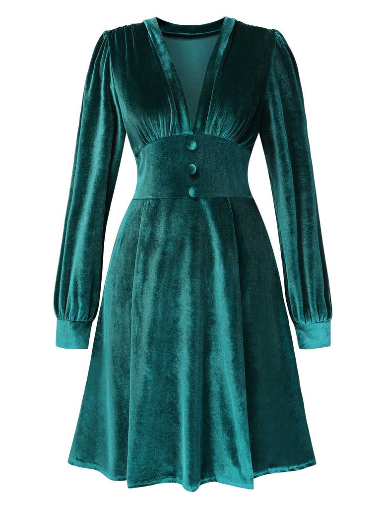 1950s Deep V-Neck Velvet Button Solid Dress