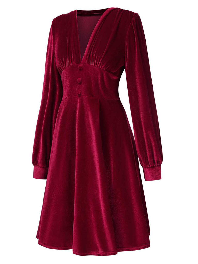 1950s Deep V-Neck Velvet Button Solid Dress