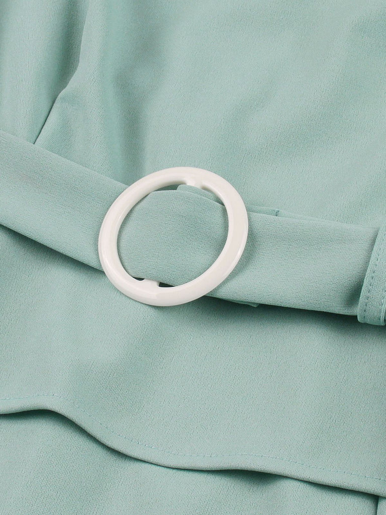 Aqua Green 1960s Solid Hole-Cut Neck Belt Dress