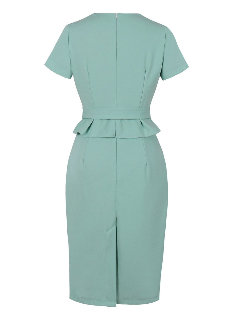 Aqua Green 1960s Solid Hole-Cut Neck Belt Dress