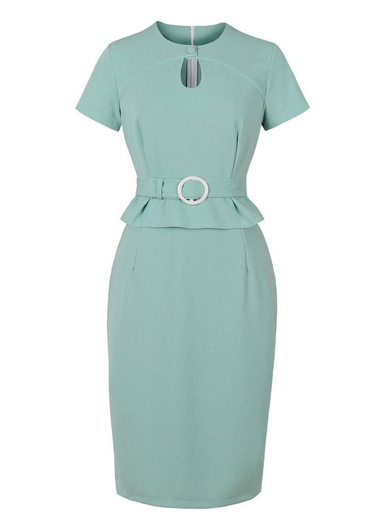 Aqua Green 1960s Solid Hole-Cut Neck Belt Dress