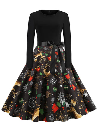 Black 1950s Christmas Print Belted Dress