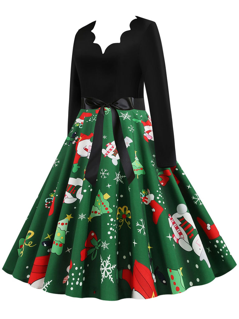 1950s Christmas Petal Collar Patchwork Dress