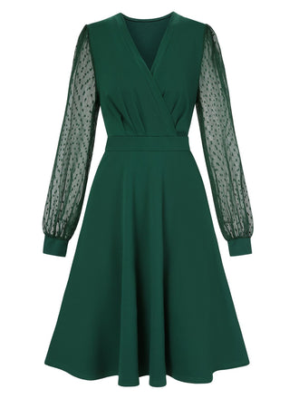 1940s V-Neck Solid Polka Dots Patchwork Dress