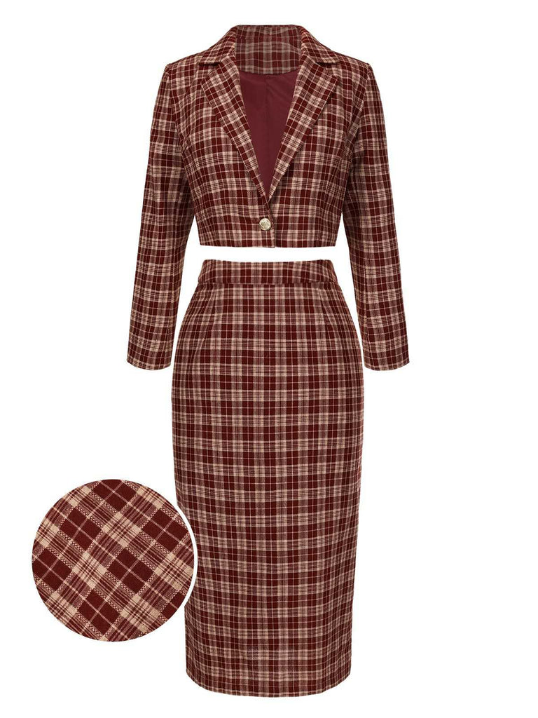 [Pre-Sale] 2PCS Red 1960s Plaid Lapel Short Coat & Slit Skirt