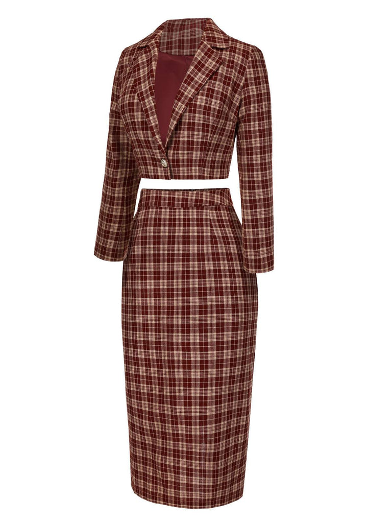 [Pre-Sale] 2PCS Red 1960s Plaid Lapel Short Coat & Slit Skirt