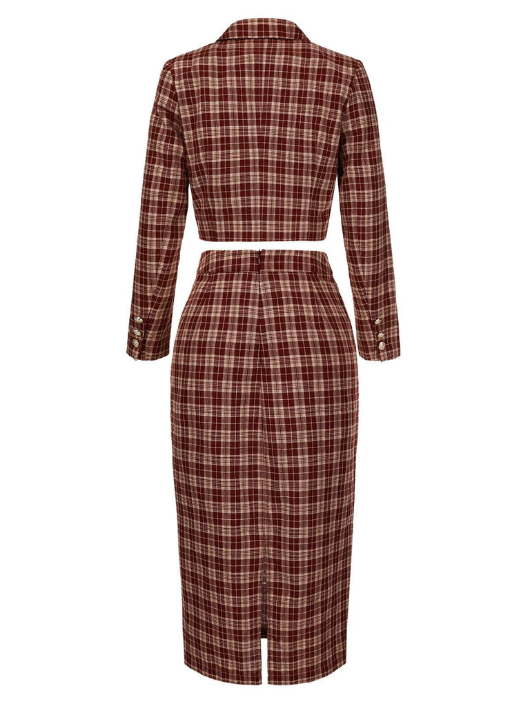 [Pre-Sale] 2PCS Red 1960s Plaid Lapel Short Coat & Slit Skirt