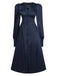 Blue 1940s Bishop Sleeves V-Neck Button Dress