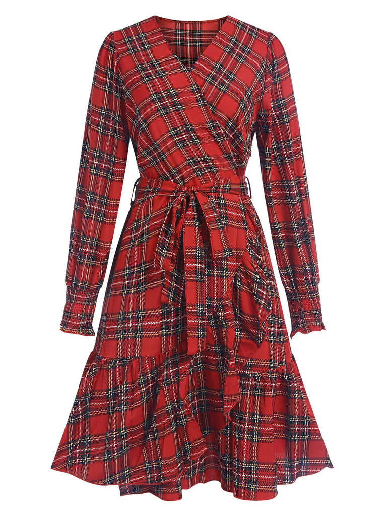 Red 1960s Tartan Plaids Ruffle Hem Belted Dress