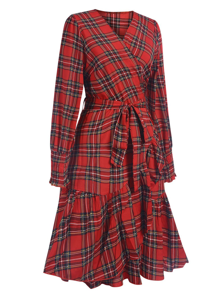 Red 1960s Tartan Plaids Ruffle Hem Belted Dress